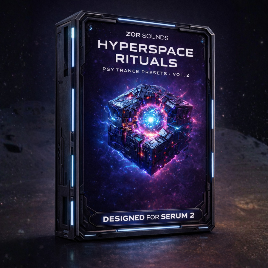 Zor Sounds Hyperspace Psytrance Rituals Serum 2 presets packaging on a dark space-themed background