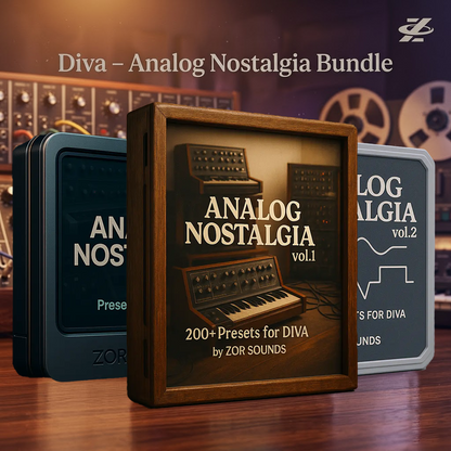 DIVA Analog Nostalgia Presets Bundle packaging with DIVA vintage synthesizer design on a wooden surface.