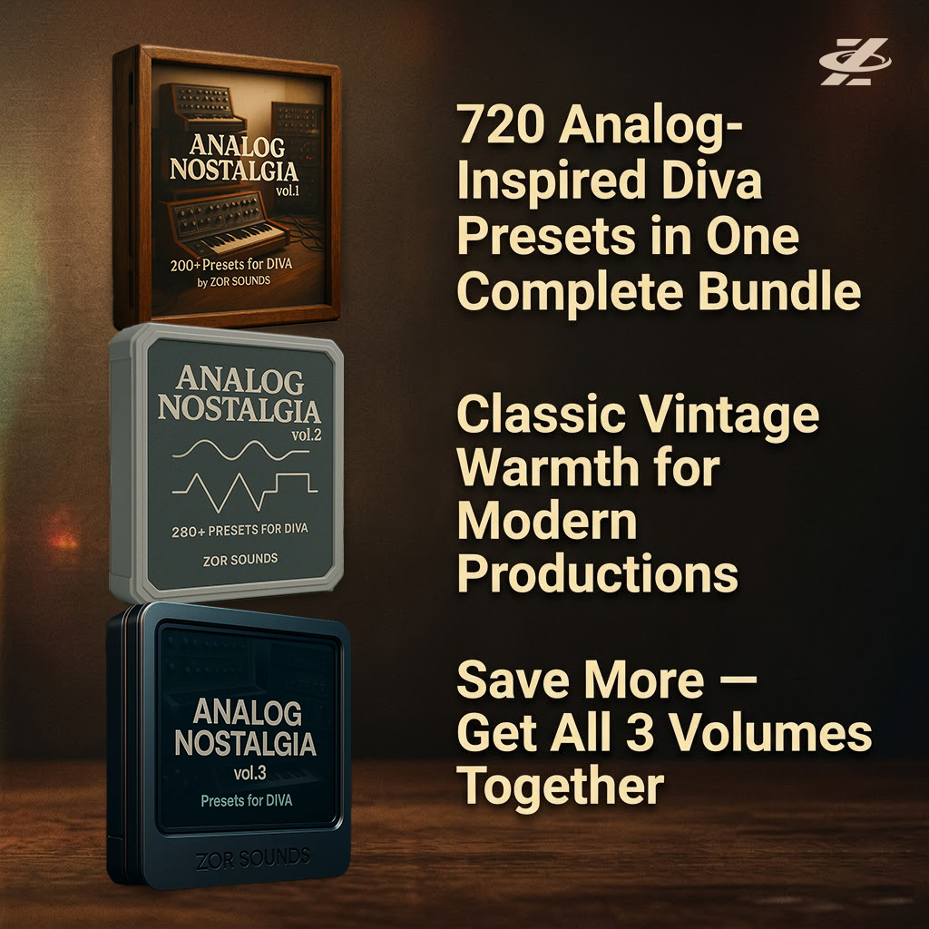 Three boxes labeled 'Analog Nostalgia' with text about analog-inspired Diva presets on a dark background.