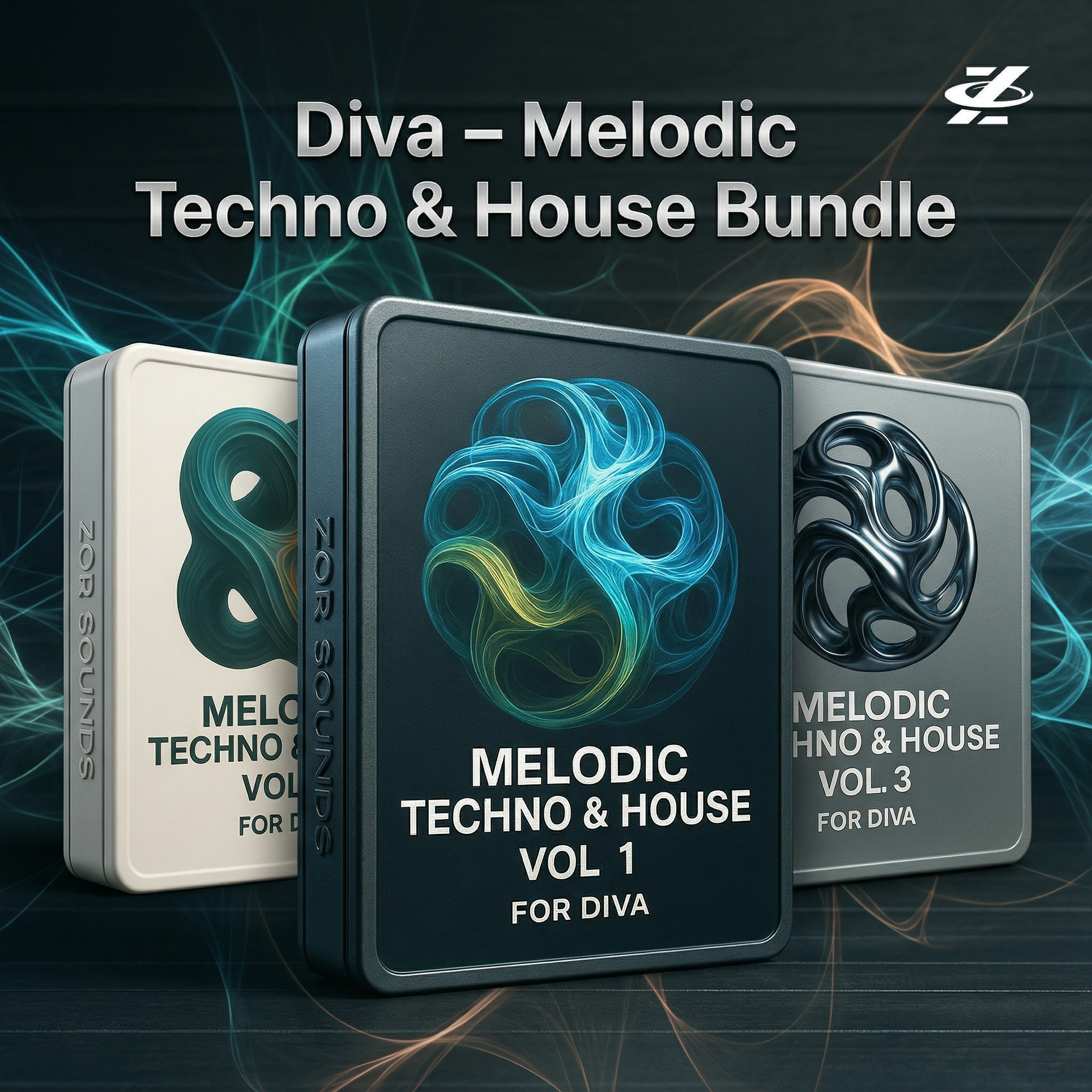 Three Preset Pack Boxes labeled 'Melodic Techno & House Pesests Vol 1 for DIVA' on a dark background with colorful smoke effects.