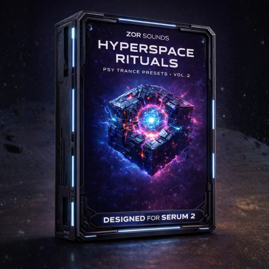 Zor Sounds Hyperspace Psytrance  Rituals Serum 2 presets packaging on a dark space-themed background