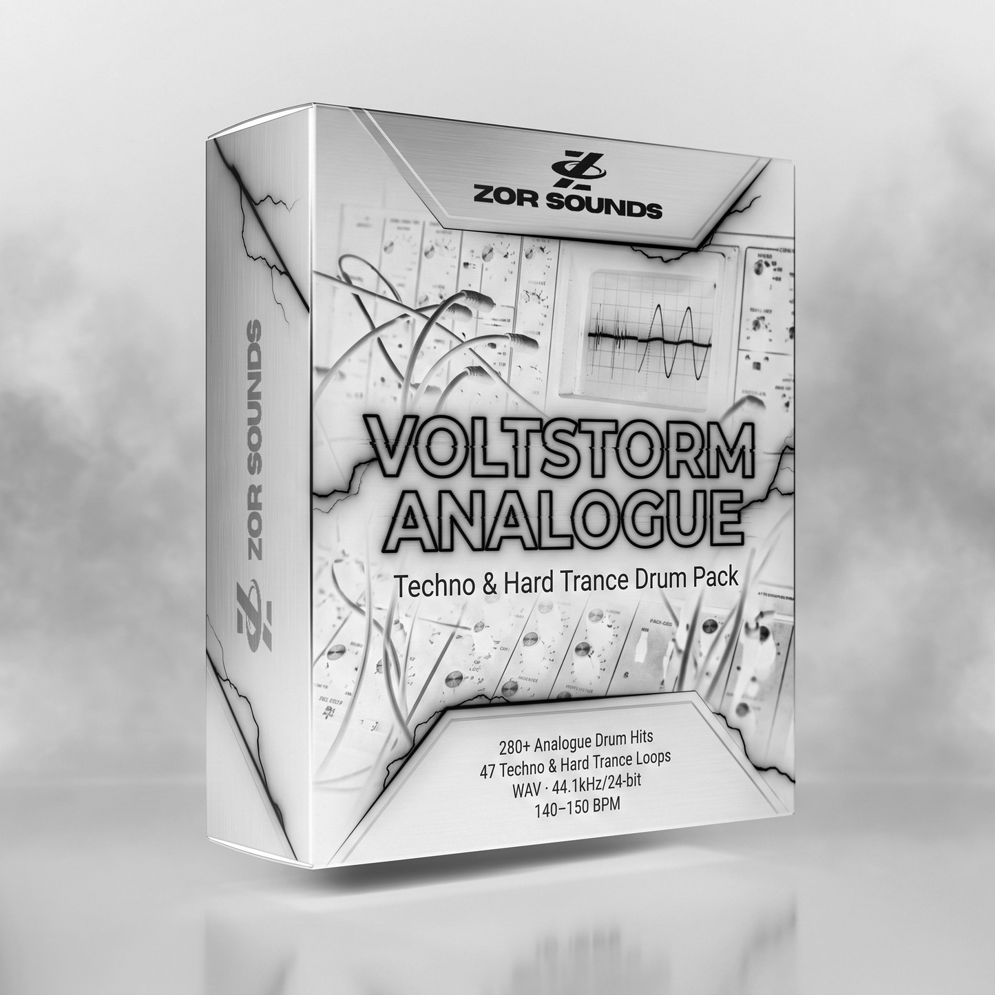 'Voltstorm Analogue' Techno & Hard Trance Drum Pack by ZOR SOUNDS, shown at a three-quarter angle against a smoky gray background.