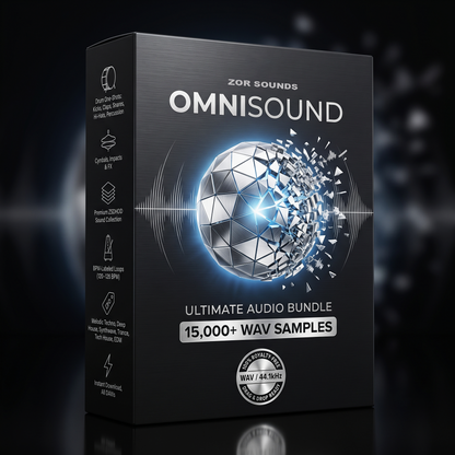 ZOR Sounds Omnisound Ultimate Audio Bundle, featuring a black design with a glowing blue and white faceted globe graphic and text indicating 15,000+ WAV samples, 100% Royalty free, WAV - 44.1kHz one shots. 